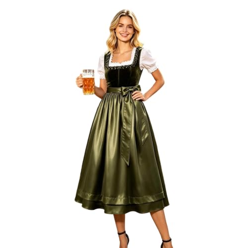 Vestido de tirolesa azul para el Oktoberfest con delantal tradicional midi