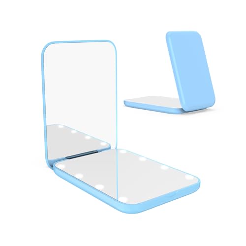 WOBSION Small Mirror with Lights,LED Compact Makeup Mirror,1x/3x Mini Travel