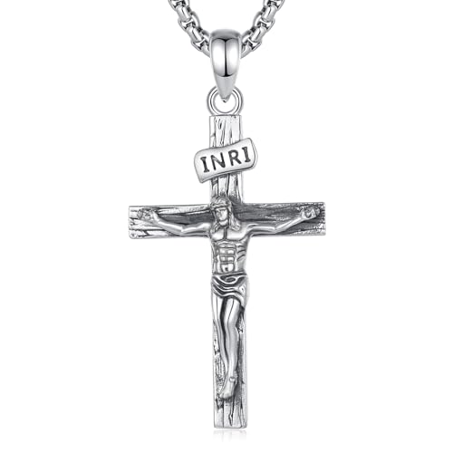 INFUSEU Collar Jesús para Los Hombres, Plata 925 Cruz Colgante Crucifijo Joyería Ortodoxa Católica Religiosa De Protección para Los Hombres Las Mujeres
