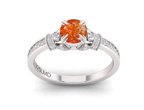 925 Sterling Silver 6MM Round Natural Gemstone Engagement Ring for Women – Natural Sunstone | Birthstone Promise Ring, Anniversary Jewelry