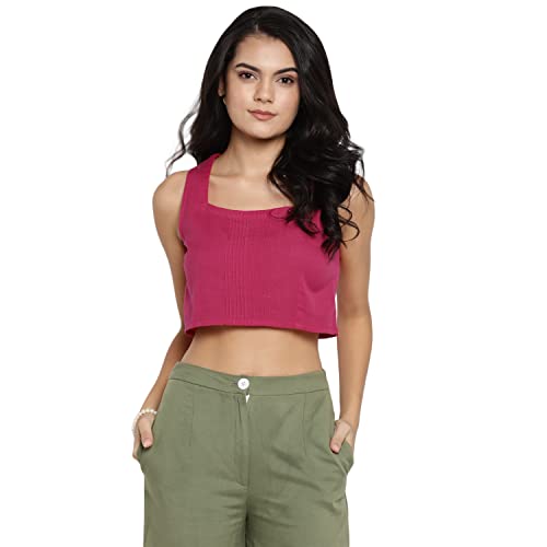 Image of DEEBACO Women's Regular Fit Cotton Pintuck Round Neck Solid Crop Top for Women Stylish Sleeveless One Piece Casual Girl Tops (White, Pink, Mustard)