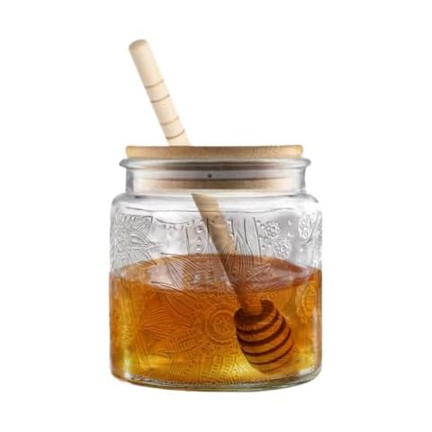 17oz Honey Jar with Dipper Stick and Bamboo lid, 2-in-1 Efficient Sealed Glass Honey Pot, Vintage Glass Jar Honey Container for Honey Jam Caning Storage, Mason Jar (Sunflower) Cover