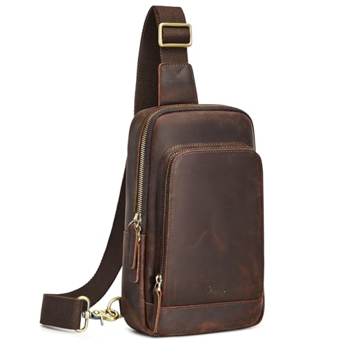 S-ZONE Sling Bag for Men Women RFID Blocking Top Grain Leather Crossbody Shoulder Bag Chest Hiking Daypack Travel