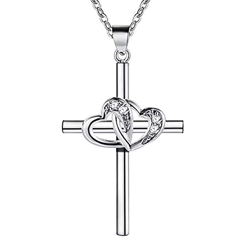 Xiaodou Religious Jewelry Silver Cross Pendant Cross Necklace Zirconia Delicate Cross Pendant Necklace Silver Cubic Zirconia Criss Jewelry (Heart Zircon)