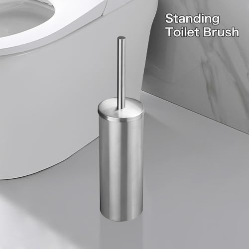 Image of Brushed Toilet Brush Stainless Steel Upright Toilet Cleaning Brush | Round brush head, removable inner bucket, splash-proof metal lid, dense bristles, with a long handle