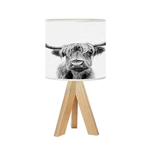 Image of DQWIJAKX91 Tripod Bedside Table Lamp A Highland Cow Scotland Wood Base Dimmable Nightstand Lamp Fabric Linen Shade Modern Desk Reading Lamp for Bedroom Living Room