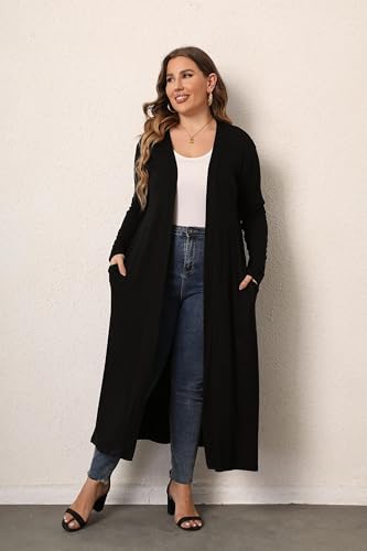 Women Plus Size Floor Length Open Front Drape Cardigan Lightweight Long Sleeve Maxi Duster with Pockets 1X-5X3