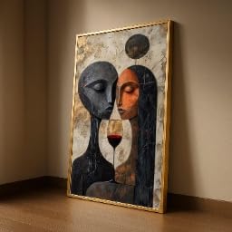 Peinture de visages contemporains couple abstrait avec verre de vin original
