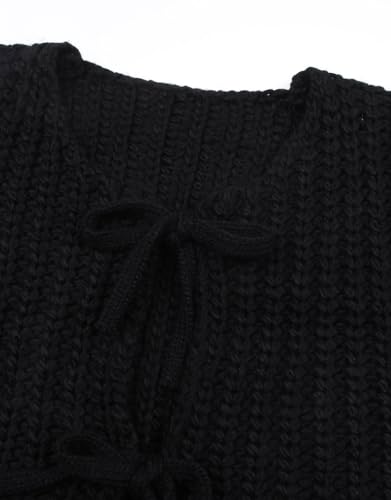 Image of Trendy Cardigan Sweater Vest Crochet Knit Top Sleeveless Bows with Pockets
