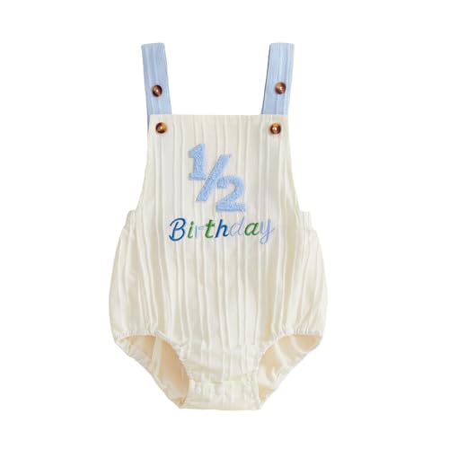 Honganda Baby Boy 1/2 Birthday Outfit Sleeveless Corduroy Overalls Half Way to One Cake Smash Romper for Half Birthday Party (1/2 Birthday Blue 6-12 Months)