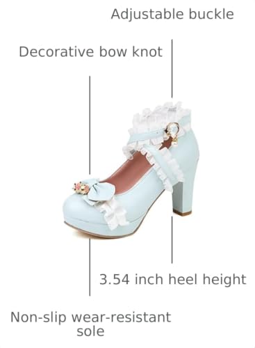 Image of FOREADA Lolita Shoes Platform Mary Jane Heels Kawaii Bow Lace Pearl Pumps | Vintage kawaii lolita styling ideal for dresses, with bead, lace, bow, ankle strap, pink, white and classic black colors