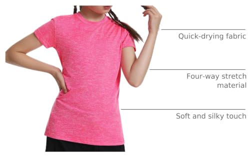 Image of 5 Pack Girls Athletic Shirts Short Sleeve Dry Fit T-Shirts Tops for Teens | Soft and Breathable Fabric, Bright and Cute Colors, Longer Length Design, Colorfast and Anti-Wrinkle