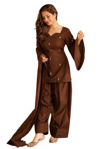 Image of ANNI Designer Women's Cotton Blend Embroidered Straight Kurta with Farshi Salwar and Dupatta | Ethnic Kurta Set for Women Stylish Indian Outfit Designer Suit Set Ethnic Clothing Collection