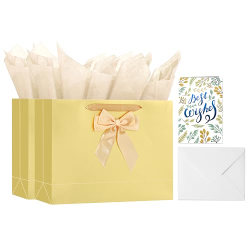 Image of Powbrace 13 inch Gold Bags with Handles, Birthday Gift Bag Set - 2 Gift Bag with Bow, 4 Tissues & Greeting Card for Men Women,Gift Bags Medium size(2 PCS Gold Glossy)