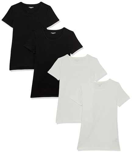 Amazon Essentials Damen Kurzärmliges Regular-Fit-T-Shirt (Varianten mit Rundhalsausschnitt und V-Ausschnitt), Pack of 4, Schwarz/Weiß, XXL