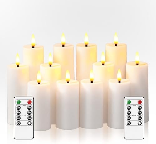 kakoya 12Pack Flameless LED Pillar Candles with Remote and Timer,Plastic Flickering Candles Battery Operated(D1.41 xH3.5 4.3" 5.3") Electric Candle for Home Decor Holiday Party,White