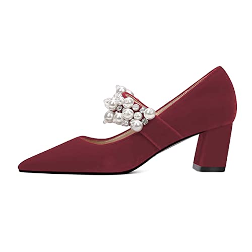 XYD Women's Pointed Toe Chunky Pumps Slip On Mary Jane Single Strap with Pearl Studs Mid Heels Stylish Party Dress Shoes2