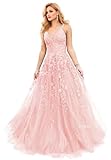 CYJJYZ Blush Pink Prom Dress Lace Appliques Tulle Ball Gown for Women 2026 Sparkly Spaghetti Straps V Neck Corset Formal Evening Gown US16