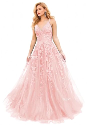CYJJYZ Blush Pink Prom Dress Lace Appliques Tulle Ball Gown for Women 2026 Sparkly Spaghetti Straps V Neck Corset Formal Evening Gown US16