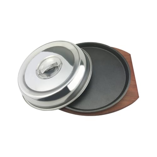 MAJORMENCH Plato para Barbacoa de Hierro Base de Madera, Sartén Antiadherente para Filete de Carne y Comida Occidental, Fácil Limpieza y Diseño Resistente