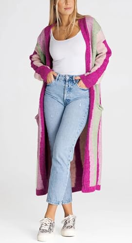 Image of chouyatou Women's Fall Open Front Color Block Long Cardigan Sweater Coat Casual Vertical Striped Coatigan