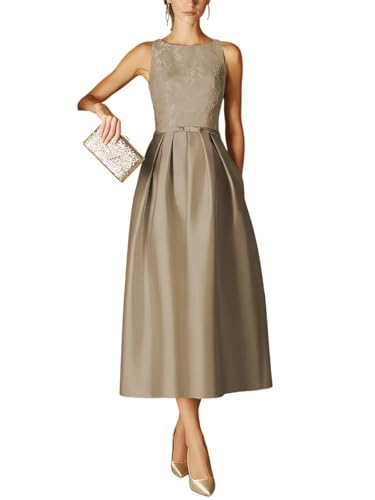 Caodip Lace Midi Mother of The Bride Dresses for Women Satin Formal Mother of Groom Dress for Wedding Guest A Line Tea Length Elegant Evening Ball Gowns Light Coffee US12