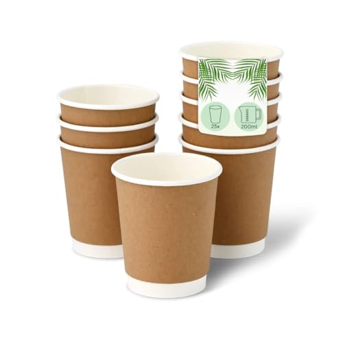 DeinPack Lot de 25 gobelets à café marron – Gobelets en carton isolés à double paroi 200 ml Ø 80 mm – Sans plastique – Matériaux durables – Gobelets jetables