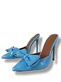 Frankie Hsu Damen Stiletto High Heels Pantoletten, schöne blaue Lackschleife, Designer-Stil, große Größe 38-42, Unisex-Schuhe für Damen und Herren, Blau, 35.5 EU