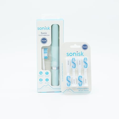 Sonisk Pulse - Cepillo de dientes eléctrico con 4 cabezales de repuesto, tecnología Sonic alimentada por pilas, 31.000 golpes por minuto, cerdas antimicrobianas, tamaño de viaje con estuche y batería