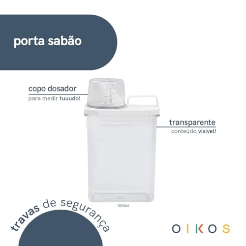 Oikos - Porta Sabão em Pó 1,8L Transparente com Copo Dosador e Trava