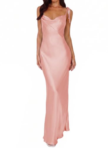 Image of 2026 Satin Cowl Neck Spaghetti Strap Maxi Dress for Women Bridesmaid | Silk,Tie Strap,Slip,Slit,Midi,Wedding Guest,Graduation,Elegant,Cocktail,Vacation,Party