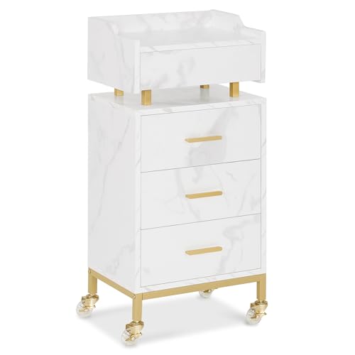 M MCombo Chariot de Service avec roulettes & 4 tiroirs, Chariot de Coiffure Blanc, Chariot de Salon avec étagère, Chariot de Travail Moderne pour Salle de...