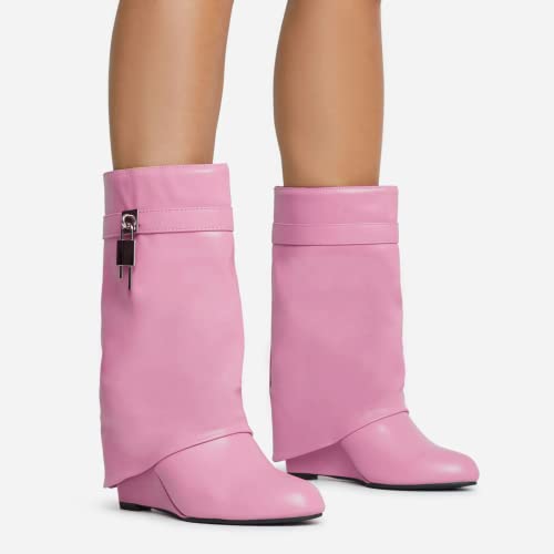 Image of keleimusi Fold Over Wedge Boots Heeled PadLock Pant Knee High Shoes Tall /Short Booties in Black