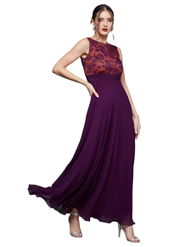 Image of Miss Chase Women's Round Neck Sleeveless Floral Lace Fit & Flare Maxi Dress