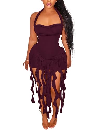 Aro Lora halter neck sleeveless mini dress with tassel details