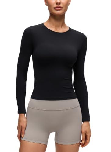 CRZ YOGA Softembrace Crewneck Long Sleeve Shirts for Women - Workout Casual Going Out Tops Soft Fitted Tight Fall T-Shirts Black Large