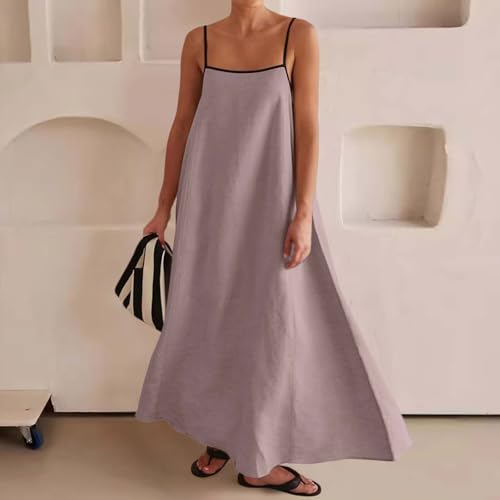Image of Linen Maxi Dress for Women Spaghetti Strap Backless Summer Beach Sundress Flowly Sleeveless Comfy Long Dresses