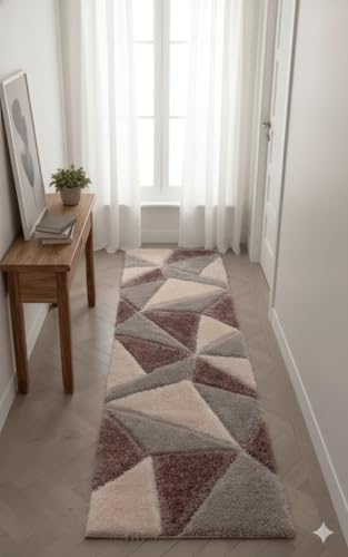 Image of 2x6 ft Shaggy Rug Runner - Fluffy Geometric Carpet for Hallway, Bedroom, and Studio with Minimalist Appeal
