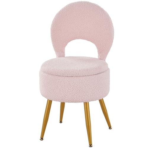 ZYKZYK Vanity Stool with Storage and Backrest, Folding Back & Velvet Seat, Footrest, Round Ottoman with Sherpa, Vanity Chair with Storage, Ideal for Bedroom, Living Room, and Makeup Stations