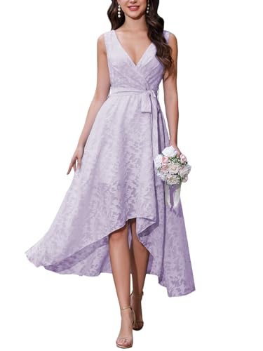 Mikethon Women's Elegant Wedding Guest Dress Jacquard Sleeveless High Low A Line Midi Length Formal Summer Dress with Belt Lilac L