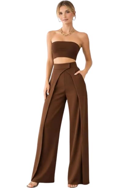 Women's Women's Trendy Beige High-Waist Wide-Leg Front Slit Palazzo Pants for Casual Trousers with Wrap Detail-picture-29