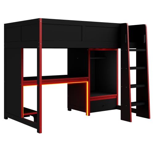 Image of Harper & Bright Designs Twin Size Gaming Loft Bed with Built-in Desk & LED Lights, Wooden Loft Bed with Wardrobe & Storage Drawer, Black