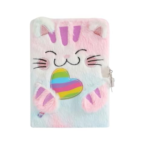 YankMooM Journal for Kids Diary with Lock for Girls, Fuzzy Secret Kids Journal Tie-Dye Notebook Gift for for Writing and Drawing, Hardcover Fluffy Cat Secret Diary Cover