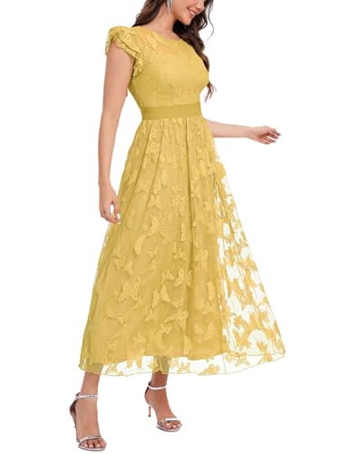 Image of Women's Casual Tulle Midi Dress Ruffle Sleeve Crewneck Lace Flowy Dresses Party Wedding Guest Sundress