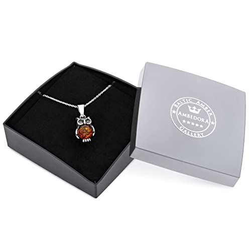 Women's Necklace Little Owl XVI, Oxidised Sterling Silver, Round Cabochon of Baltic Amber in Cognac Colour, Silver Pendant with Chain4