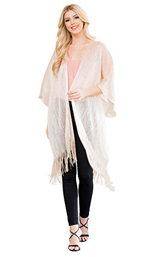 Bohemian Sequin Glitter Shawl Wrap Poncho - Kimono Cardigan, Sparkly Metallic Mesh Scarf, Open Knit Crochet Sweater Cape (Kimono Cardi - Metallic Mesh Ruana Ivory)