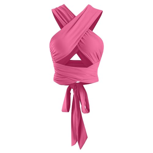 ZAFUL Womens Ribbed Halter Crop Top Ruched Lace-up Cropped Cami Bandana Top Criss Cross Wrap Print Tank Top