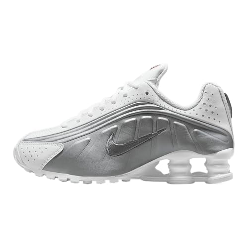 Nike Shox R4 Big Kids' Shoes (CW2626-101, White/White/Bright Crimson/Metallic Silver)