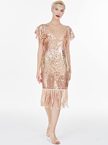 Image of 1920s Knee Length Flapper Party Dress Layer Tassels Hem Sequined Cap Sleeve Cocktail Dresses