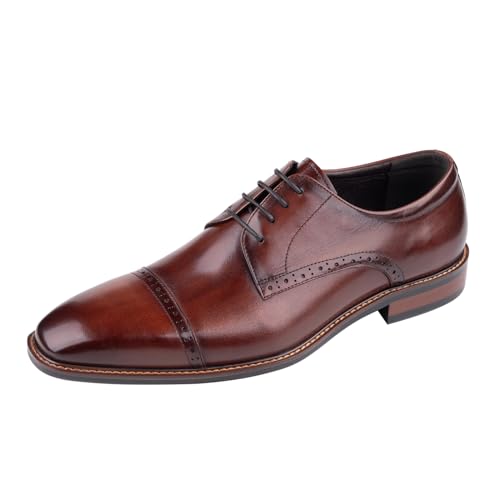 Image of Men Cap Toe Derby Shoes Open Lacing Wide Fit High Instep Full Grain Polished Leather Brogue Formal Dress Shoes for Wedding Groom Business Black Tie